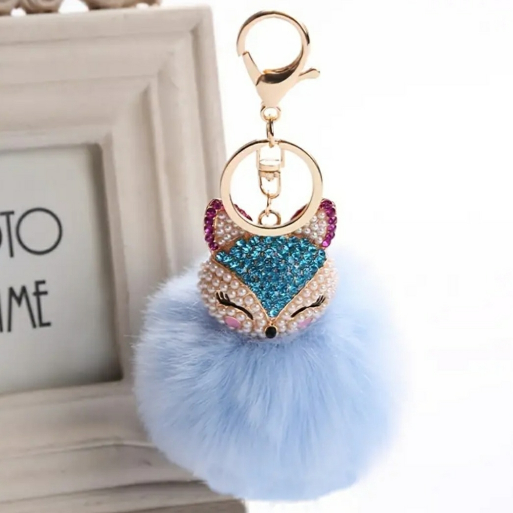 NEW Faux Fur Fox Head Pearl Rhinestones Fluffy Keychain Key Ring Bag Charm